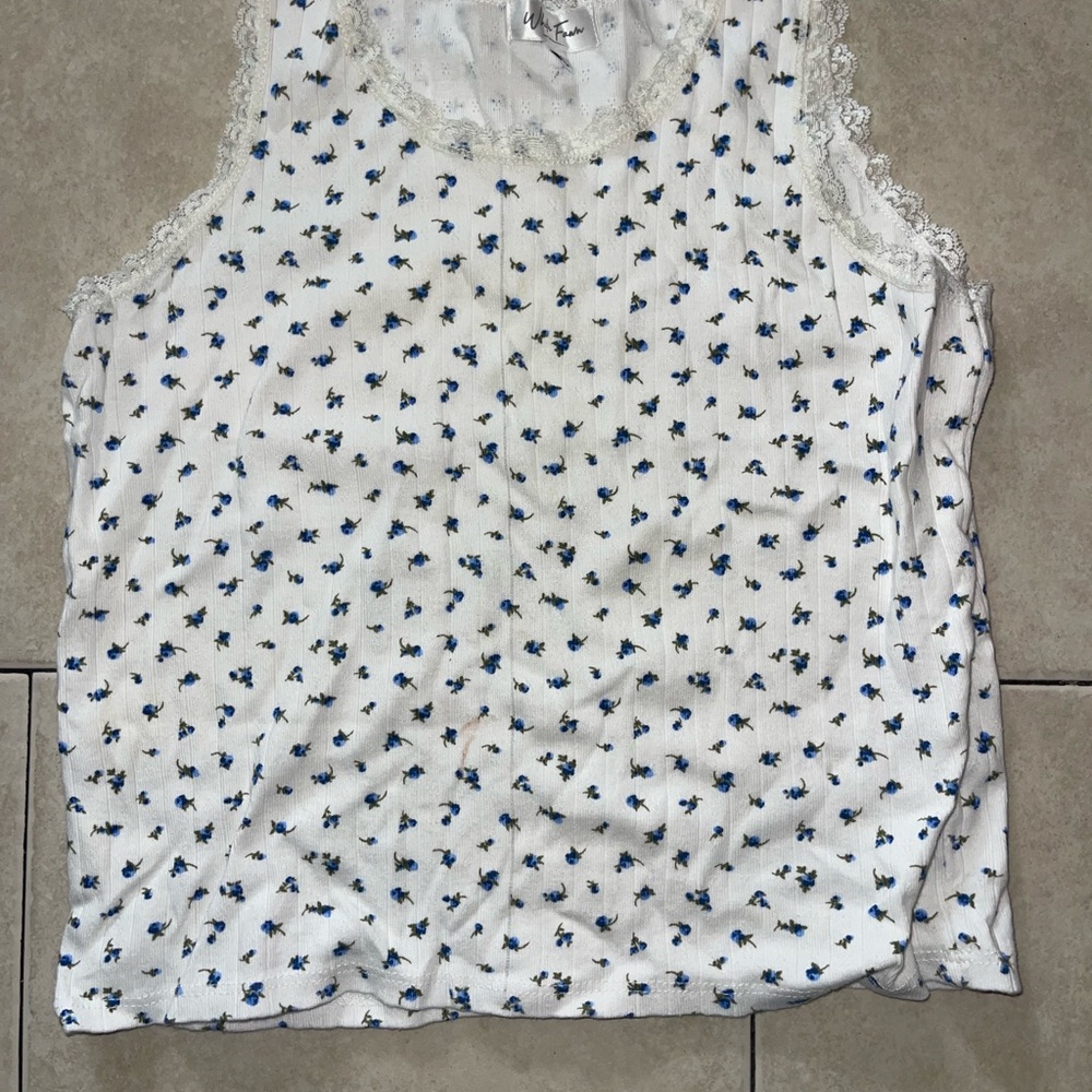 White Tank Top with Blue Floral Pattern